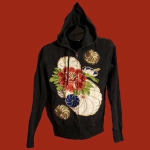 Lucky Brand Floral Black Zip Up Sweater Hoodie